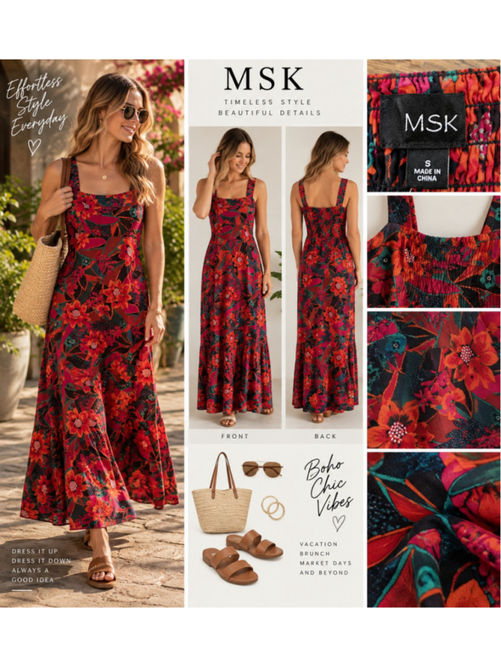 MSK Bold Tropical Floral Square Neck Smocked Maxi Dress Coral Red Small W-272